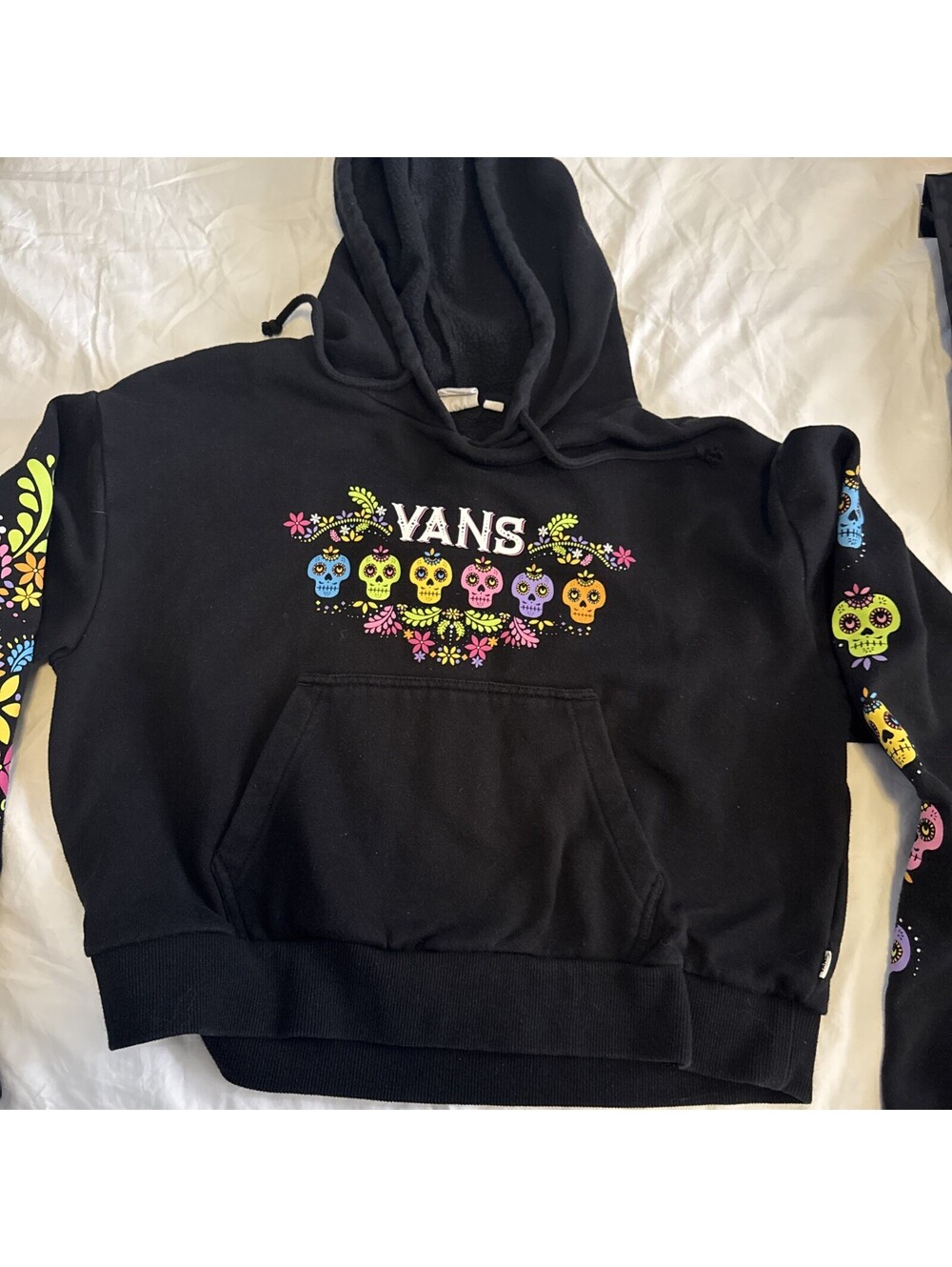 VANS Skulls Flowers Day of the Dead Hoodie Dia de los Muertos Black Size S